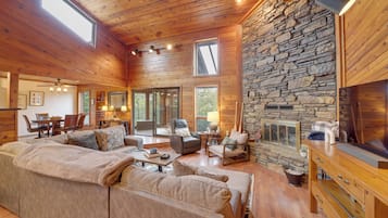 TV, fireplace, books