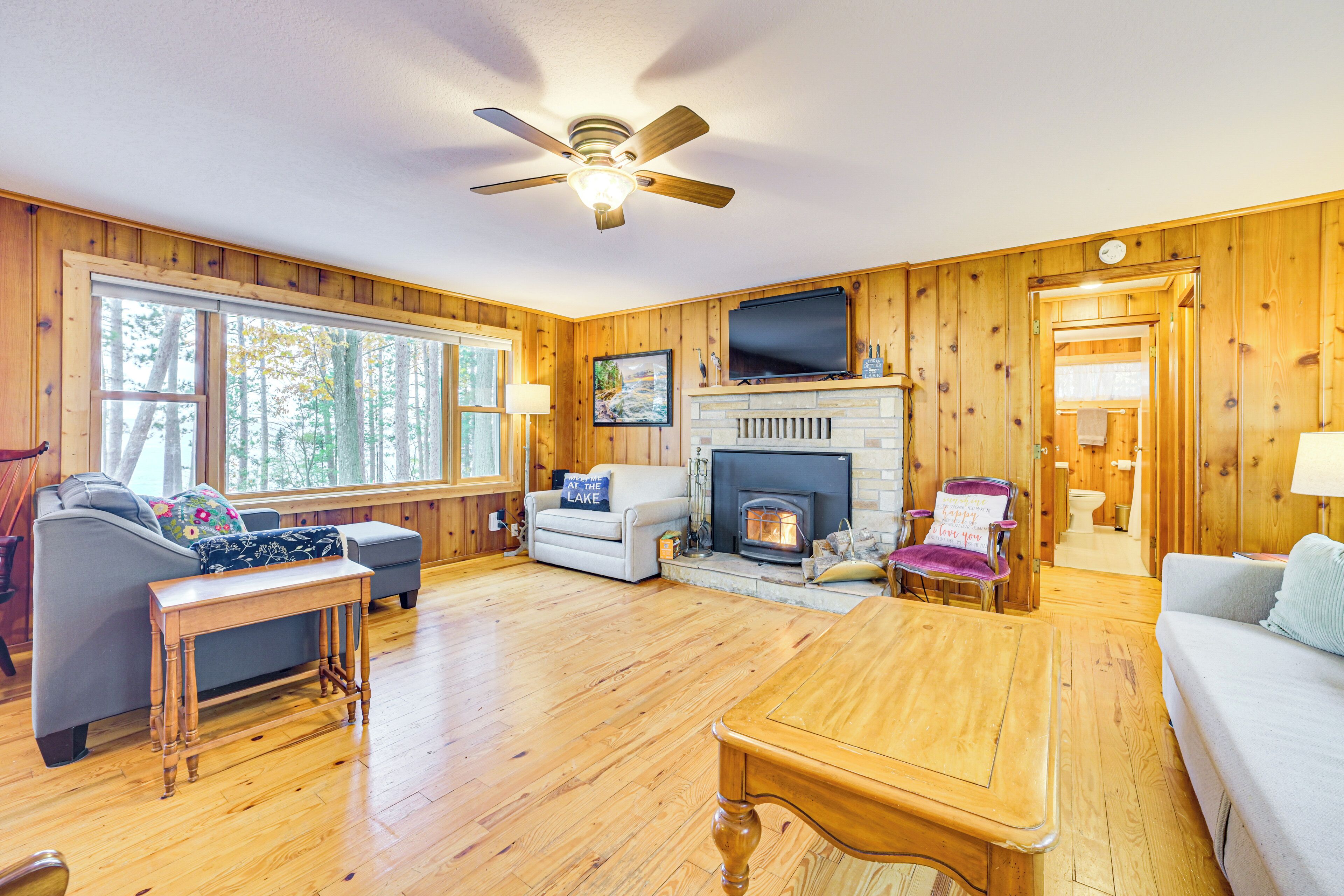 Televisión, chimenea y libros 