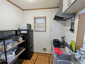 Fridge, microwave, cookware/dishes/utensils