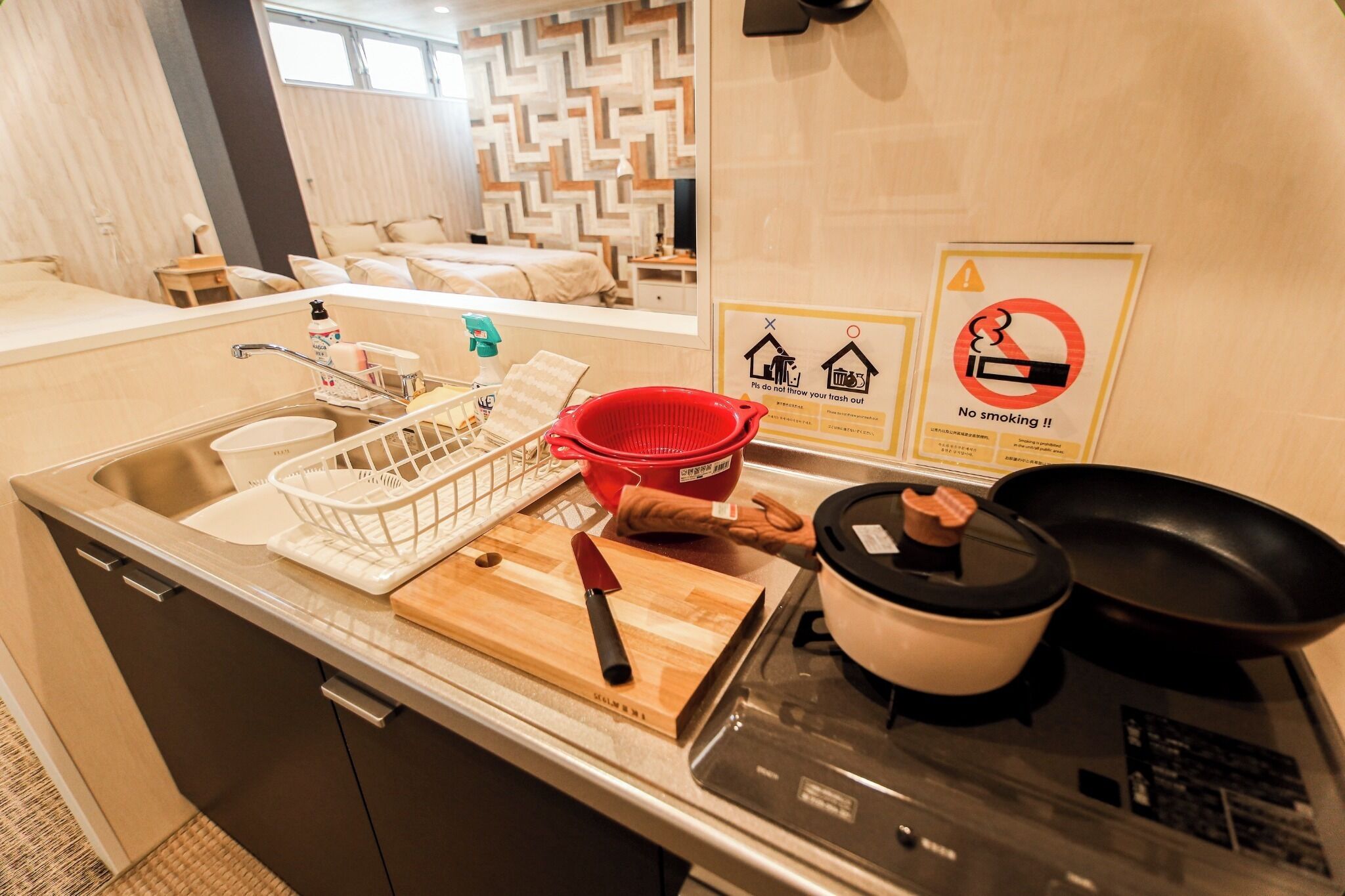 Fridge, microwave, cookware/dishes/utensils