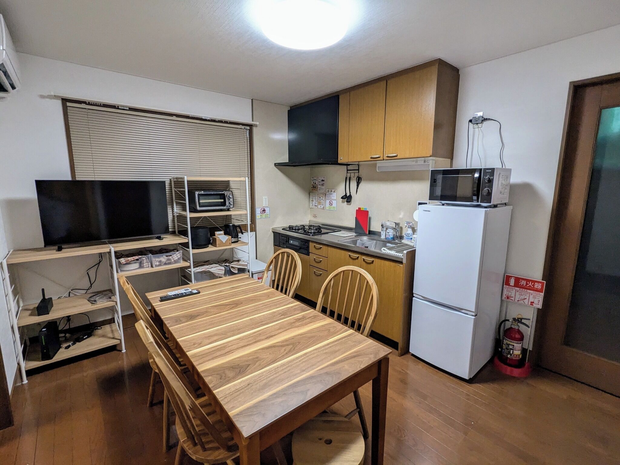 Fridge, microwave, cookware/dishes/utensils