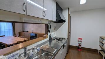 Fridge, microwave, cookware/dishes/utensils