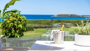 Una mesa con una botella de champán, dos copas y una planta en maceta en un balcón con vistas a la costa.