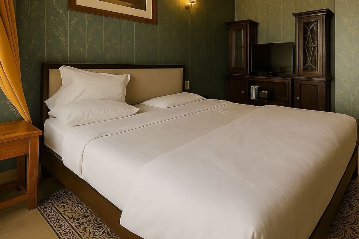A bedroom with a large bed, a framed picture on the wall, a television, and a cabinet.