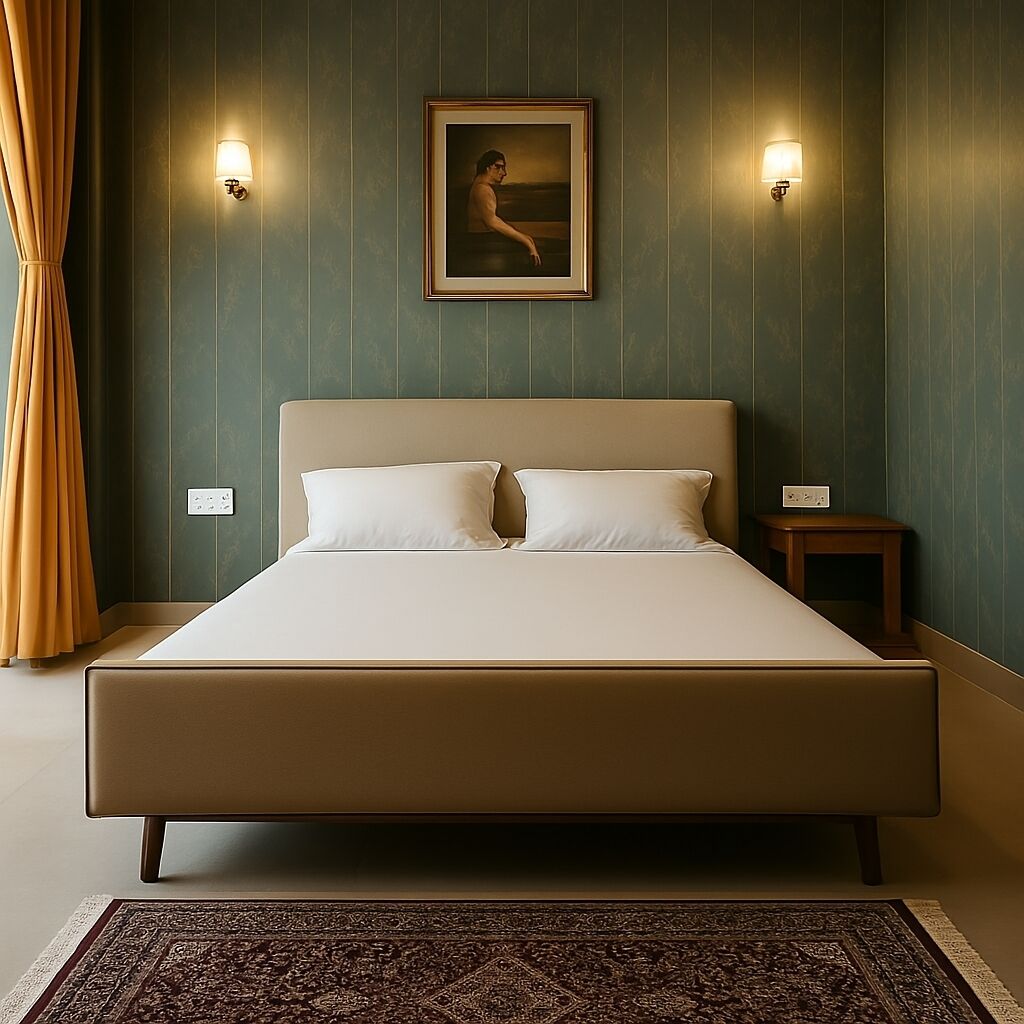 Een opgemaakt bed met twee kussens, een inlijsting foto aan de muur en twee wandlampen.