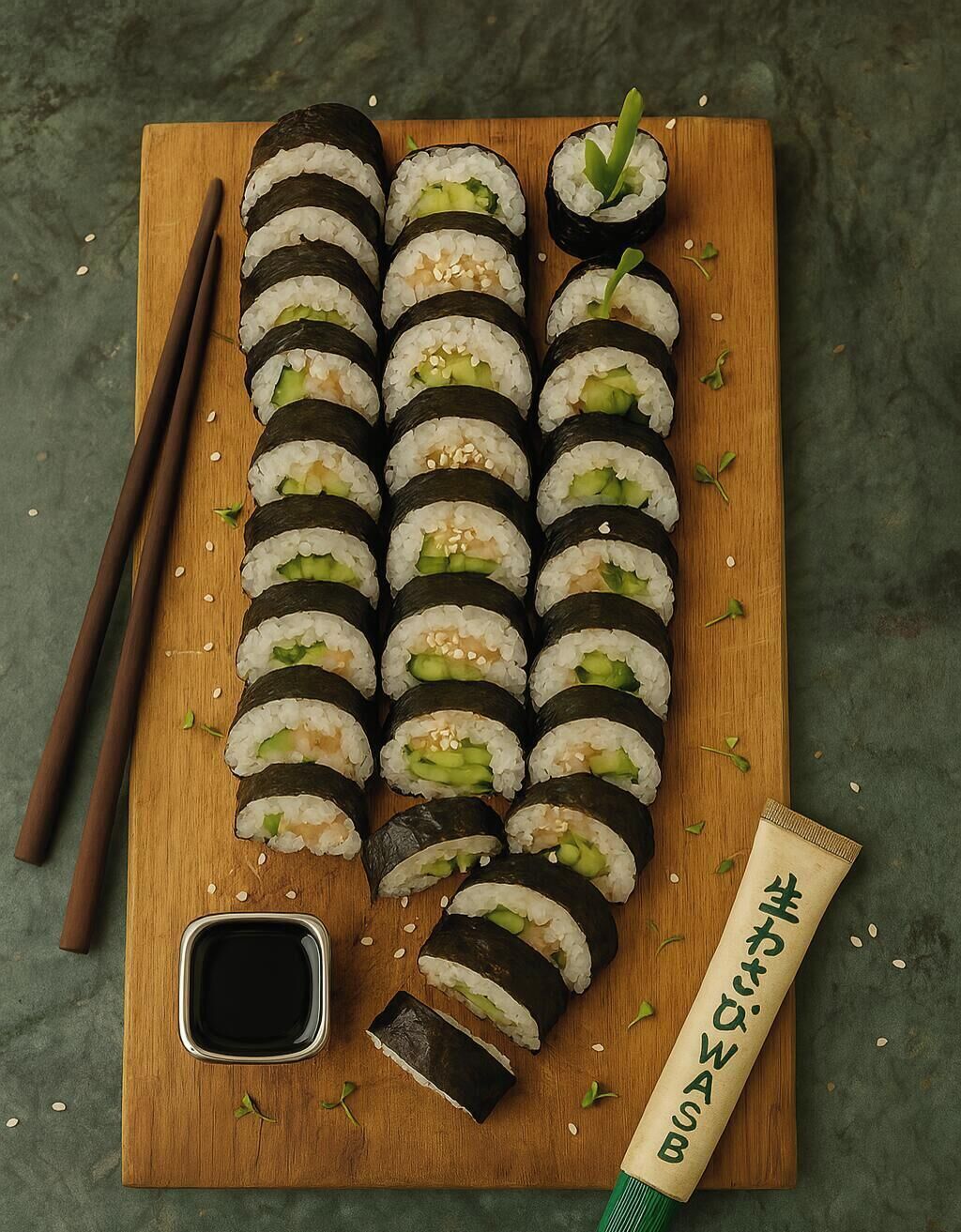 A wooden board with sushi rolls, chopsticks, soy sauce, and a brush.