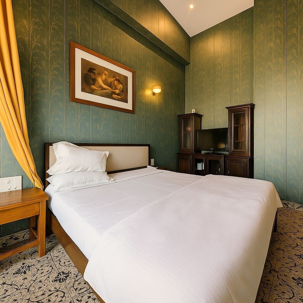 A neatly made bed in a room with green walls, a framed picture above it, and a television on a wooden cabinet.