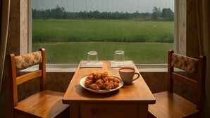 A table with a plate of food and a cup, positioned in front of a window with a view of a green field. - Qila Hotel (Moradabad)