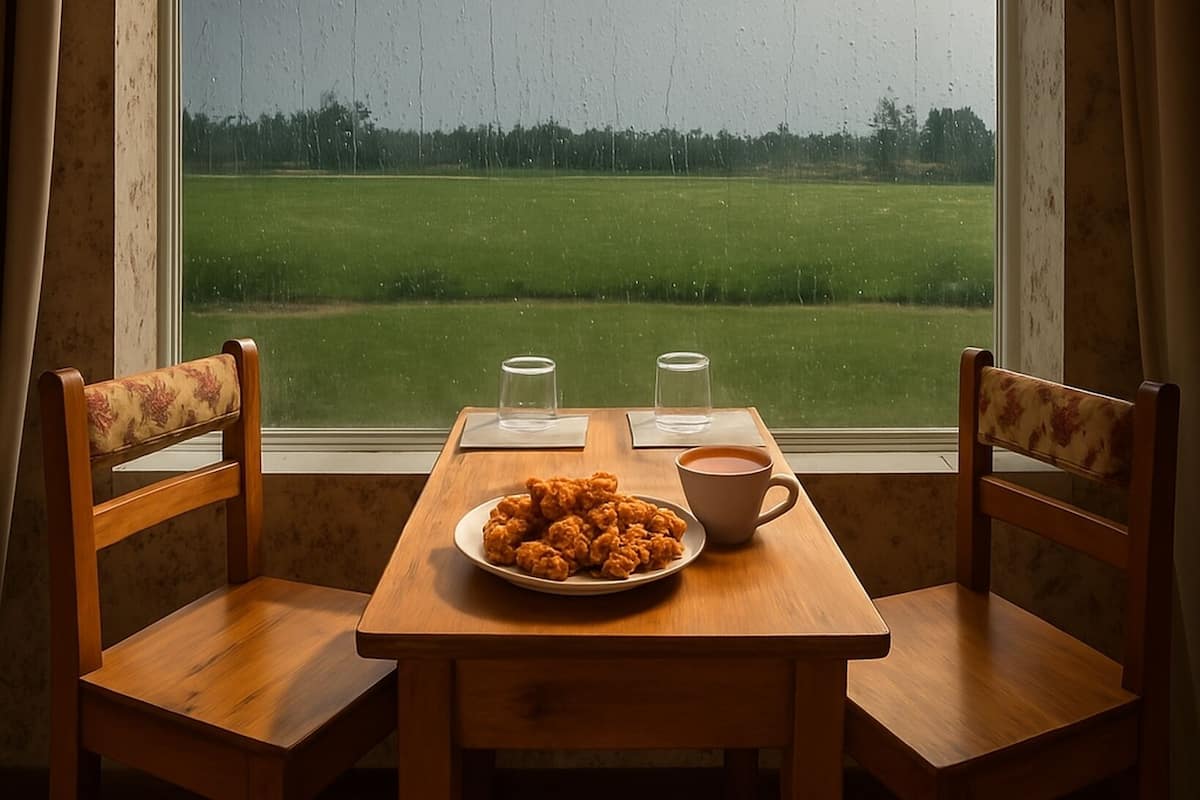 A table with a plate of food and a cup, positioned in front of a window with a view of a green field.