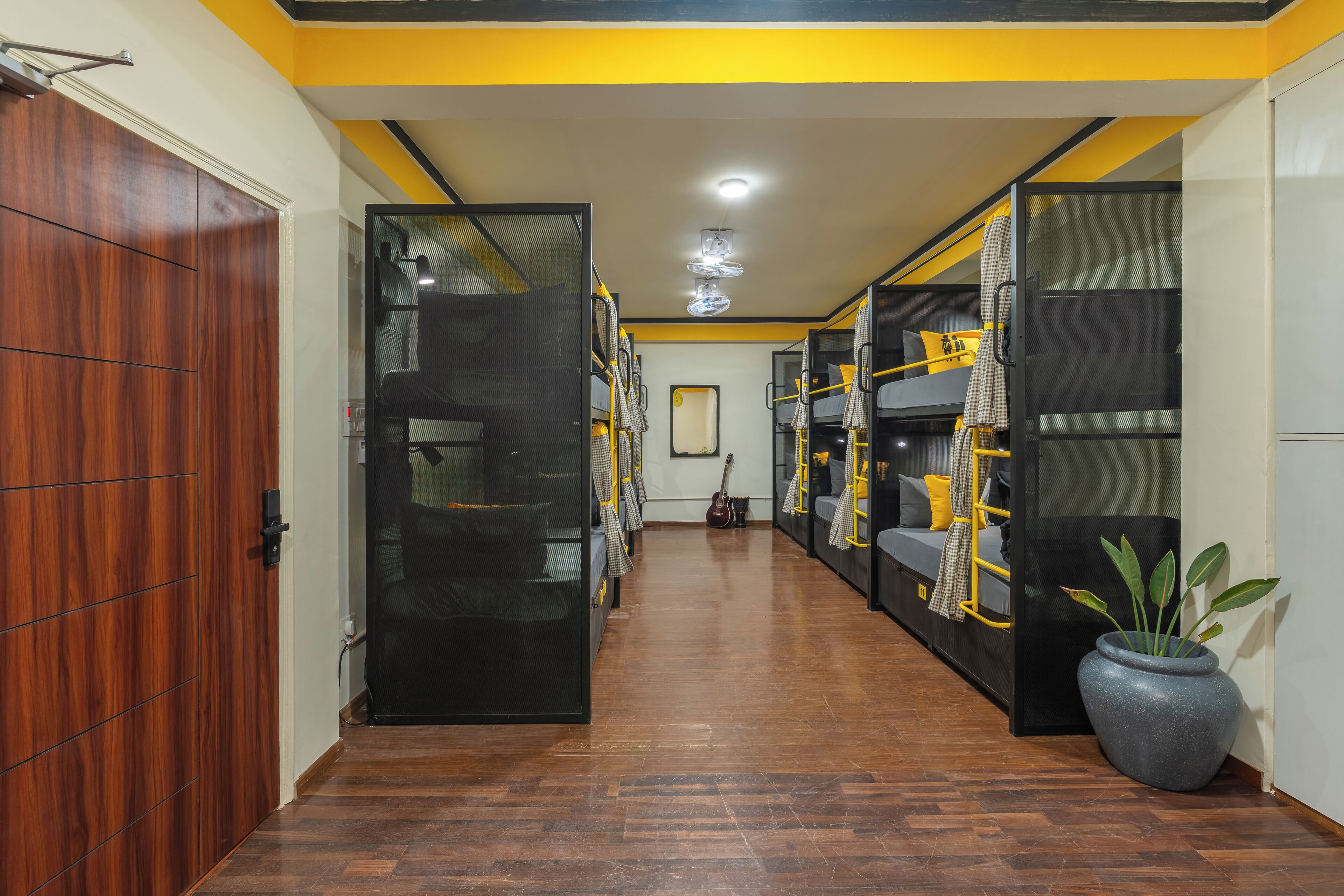 A hallway with bunk beds, a wooden door, and a potted plant.