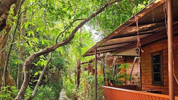 A wooden house with a covered porch, surrounded by lush greenery and a stone pathway. - Samran Resort (Chalong)