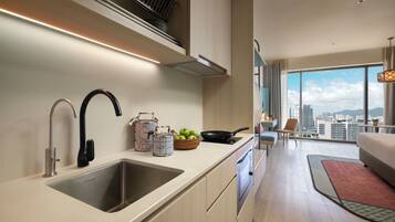 Premier Studio, 1 King Bed, Non Smoking, City View | In-room safe, desk, laptop workspace, iron/ironing board