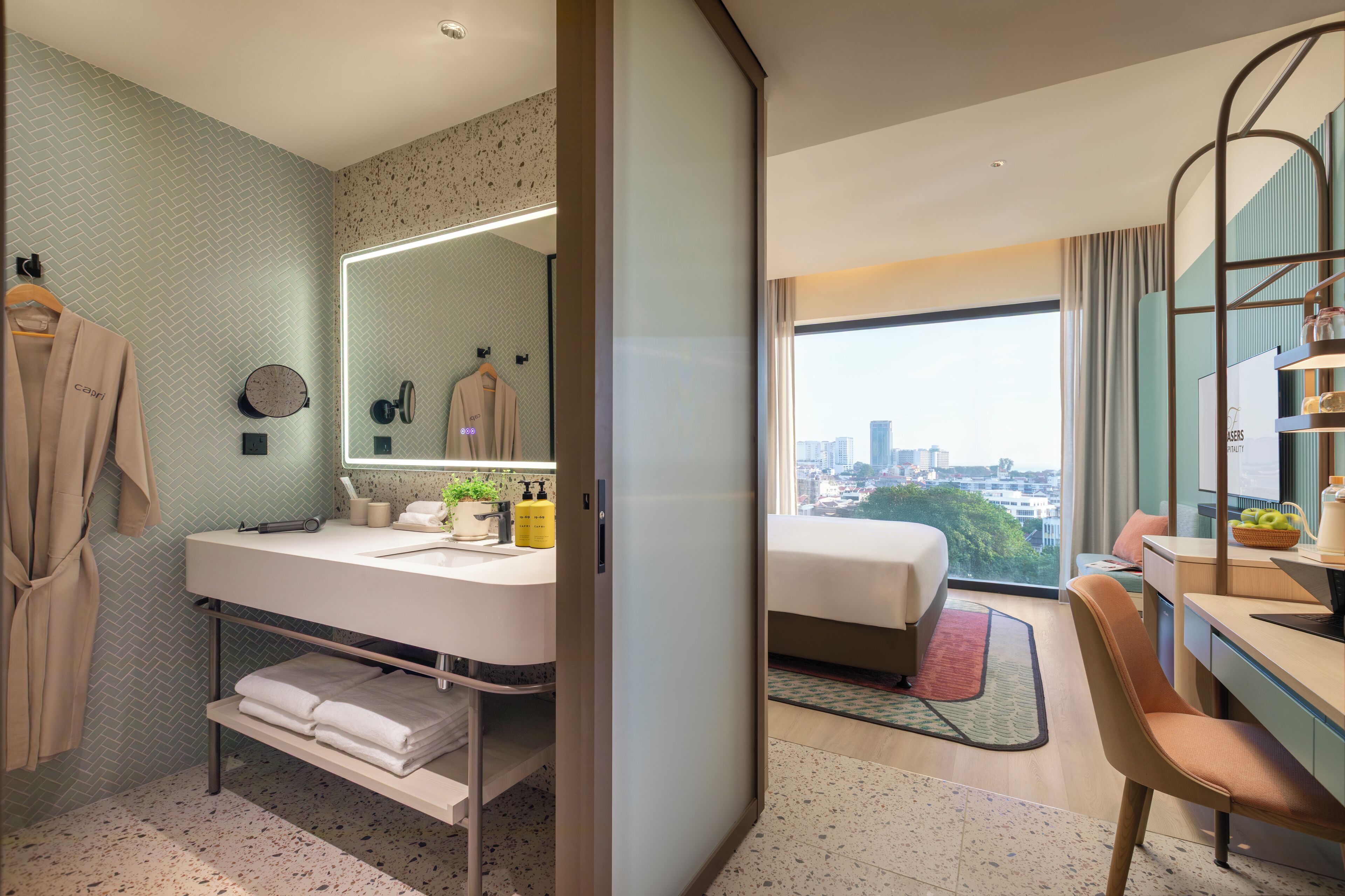 Hair dryer, bathrobes, towels, soap