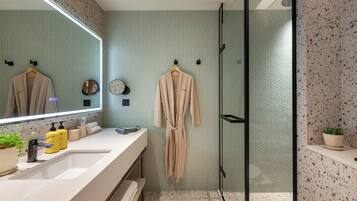 Hair dryer, bathrobes, towels, soap