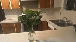 A kitchen with wooden cabinets, a white countertop, a vase with green leaves, and a stainless steel sink.