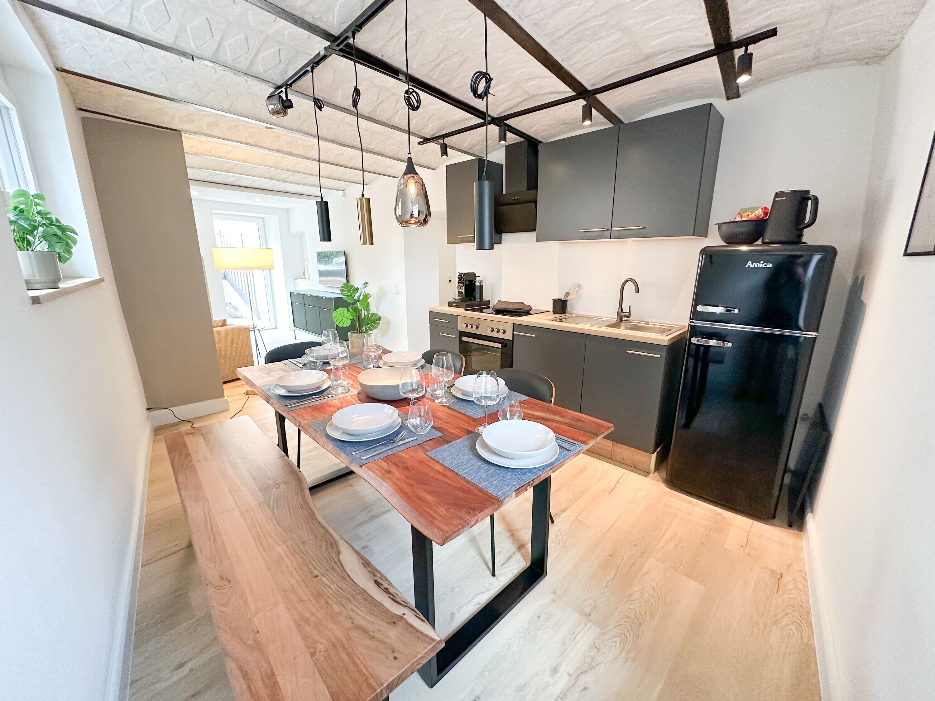 Frigorífico, microondas, horno y placa de cocina