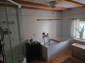 Hair dryer, towels, soap, toilet paper