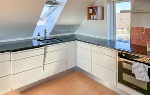 Fridge, stovetop, dishwasher, coffee/tea maker