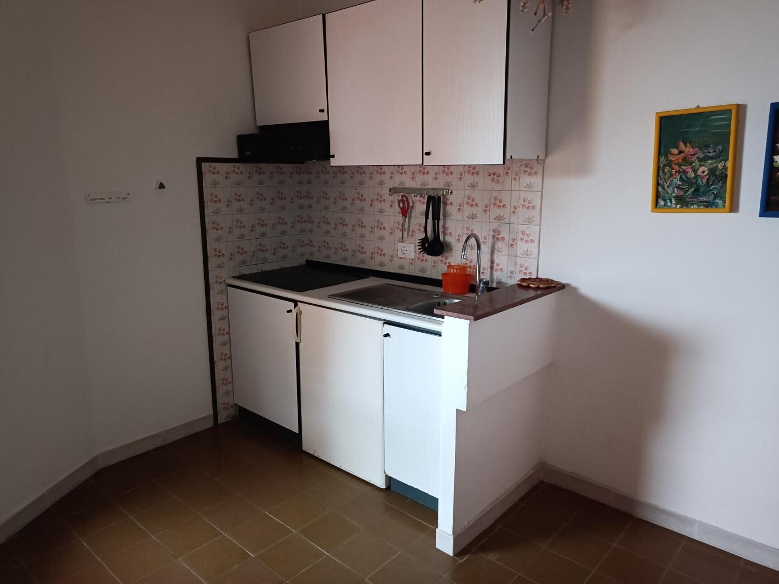 Kühlschrank, Mikrowelle, Herdplatte, Kochgeschirr/Geschirr/Besteck