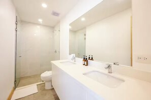 Hair dryer, towels, soap, toilet paper