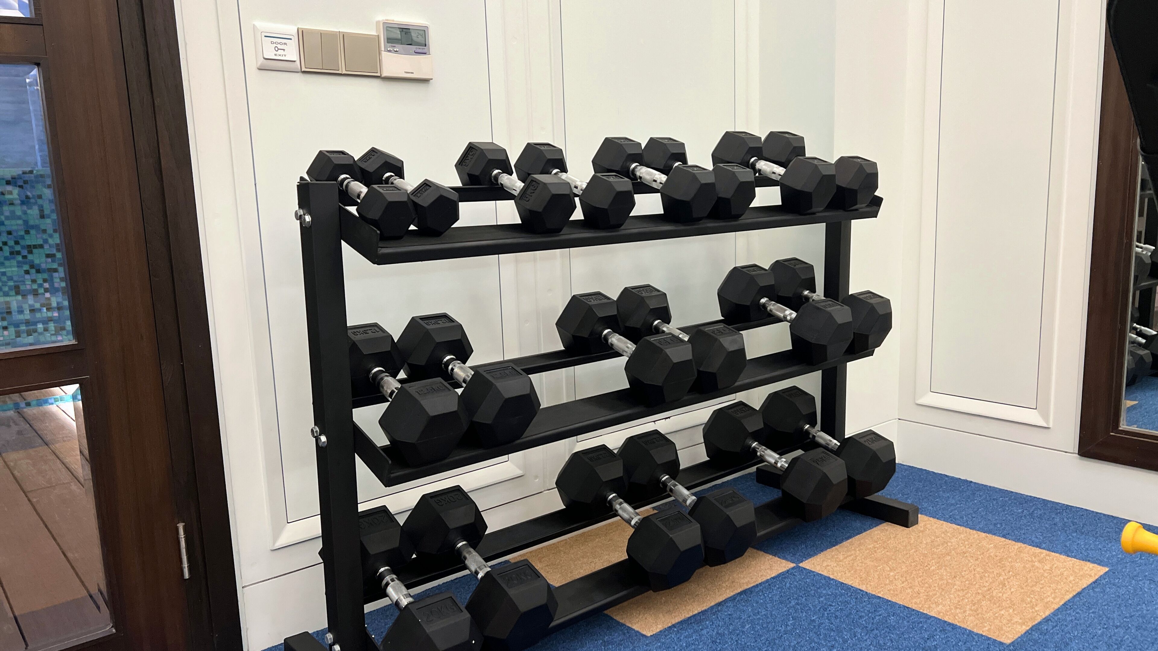 A rack of black dumbbells in a room with white walls and a blue carpet.