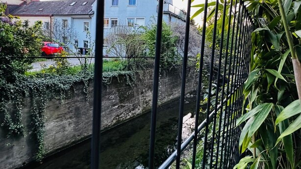 Un canal avec une maison en arrière-plan, une voiture rouge garée au bord du canal et de la végétation le long des rives.