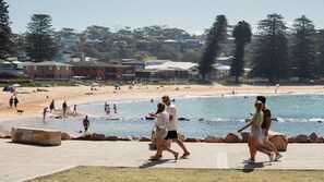 A beachside promenade with a view of the sea, a concrete walkway, and buildings in the background. - Amazing views and short walk to beach (AVOCA BEACH)