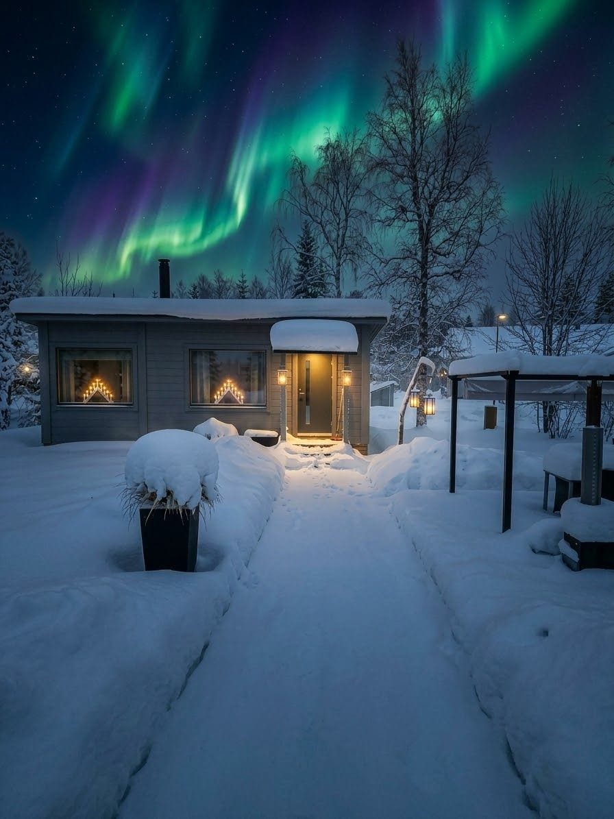 A house with a snow-covered entrance and windows, surrounded by trees and a snowy landscape.