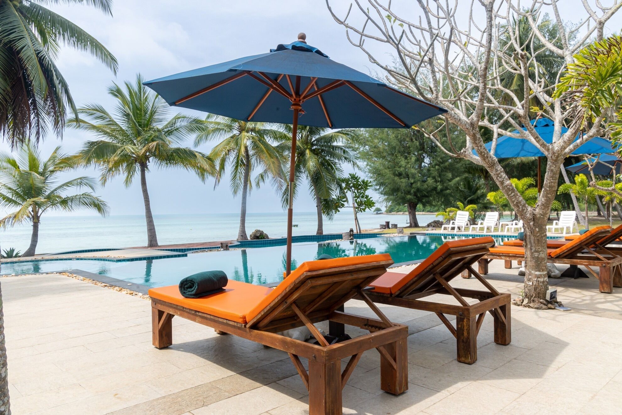 Outdoor pool, pool umbrellas, sun loungers