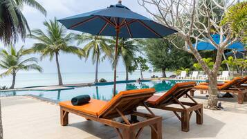 Outdoor pool, pool umbrellas, sun loungers