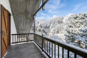 Una terraza de madera con barandilla metálica que da a un bosque cubierto de nieve.