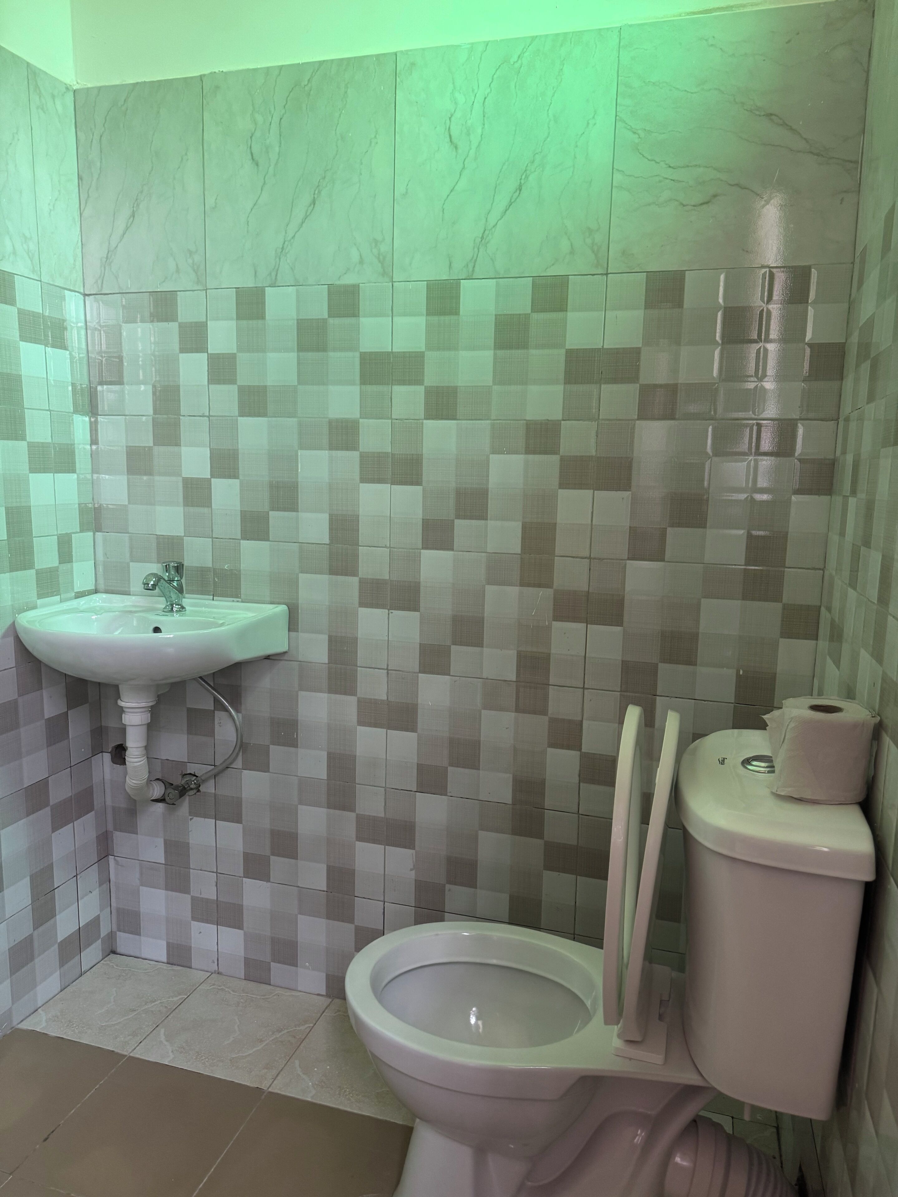 A bathroom with a toilet, a sink, and tiled walls.