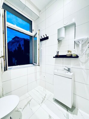 Basic Apartment | Bathroom | Shower, free toiletries, hair dryer, towels