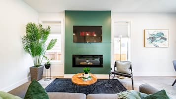Smart TV, fireplace, books