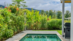 Una piscina rectangular con plataforma de madera, rodeada de abundante vegetación y vistas a montañas distantes.