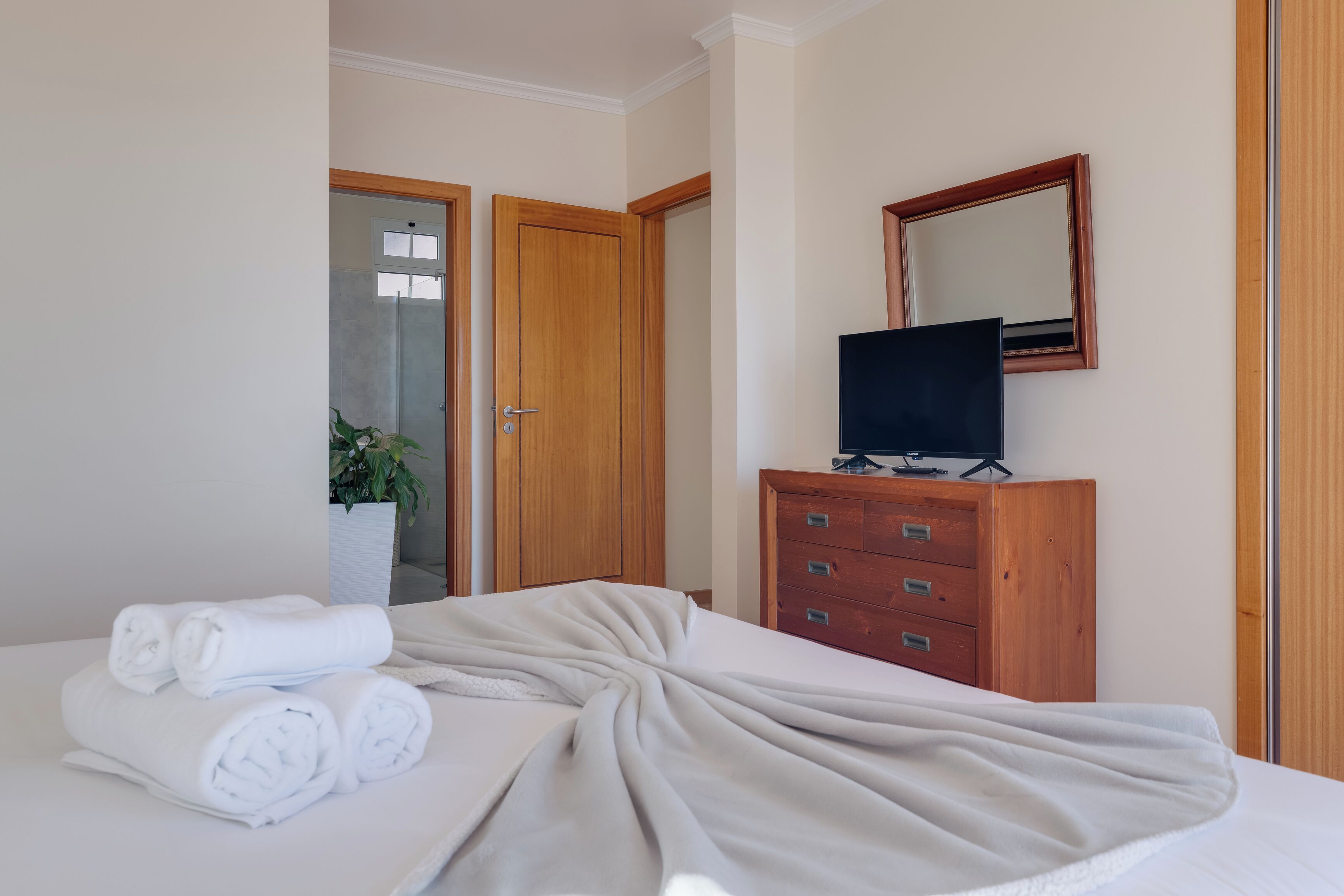 Ein Hotelzimmer mit einem ordentlich bezogenen Bett, einem hölzernen Schminktisch, einem Fernseher und einem Blumentopf.