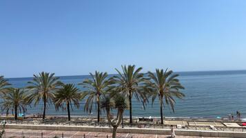 Blick auf einen Strand mit Palmen und blauem Himmel.