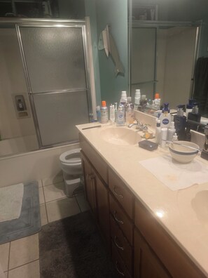 Hair dryer, towels, soap, toilet paper