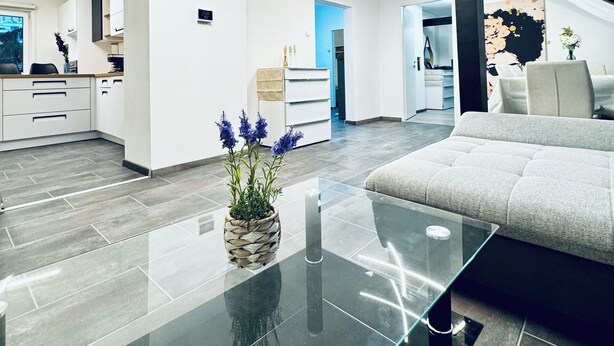 Un espace de vie spacieux et moderne, comprenant une table basse en verre, un canapé et une plante décorative.