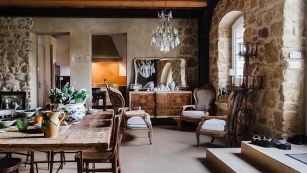 A rustic dining area with a wooden table and chairs, a chandelier, and stone walls. - La Pagliera  (Agrigento)
