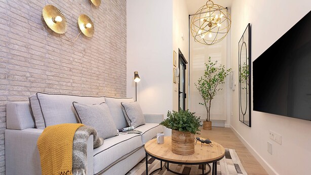 A modern living room with a sofa, a coffee table, and a potted plant. - Luxury Loft in Granada Center La Paz II (Granada)