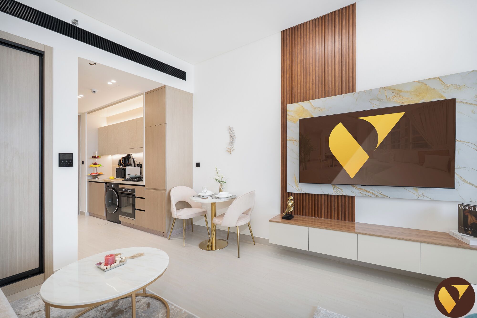 Luxury Studio, Balcony, City View | Living area | 65-inch Smart TV with satellite channels