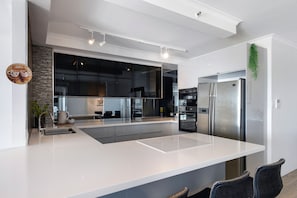 A modern kitchen with a large island, stainless steel appliances, and a hanging plant. - Ocean Sands Central Main Beach Apartment (Main Beach)