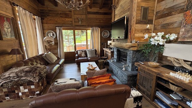 A rustic cabin interior with a leather sofa, a stone fireplace, and a television mounted above it. - Luxury chalet for 10 to 12 people with breathtaking views over the valley: 1 double bedroom with bat (Grimentz)