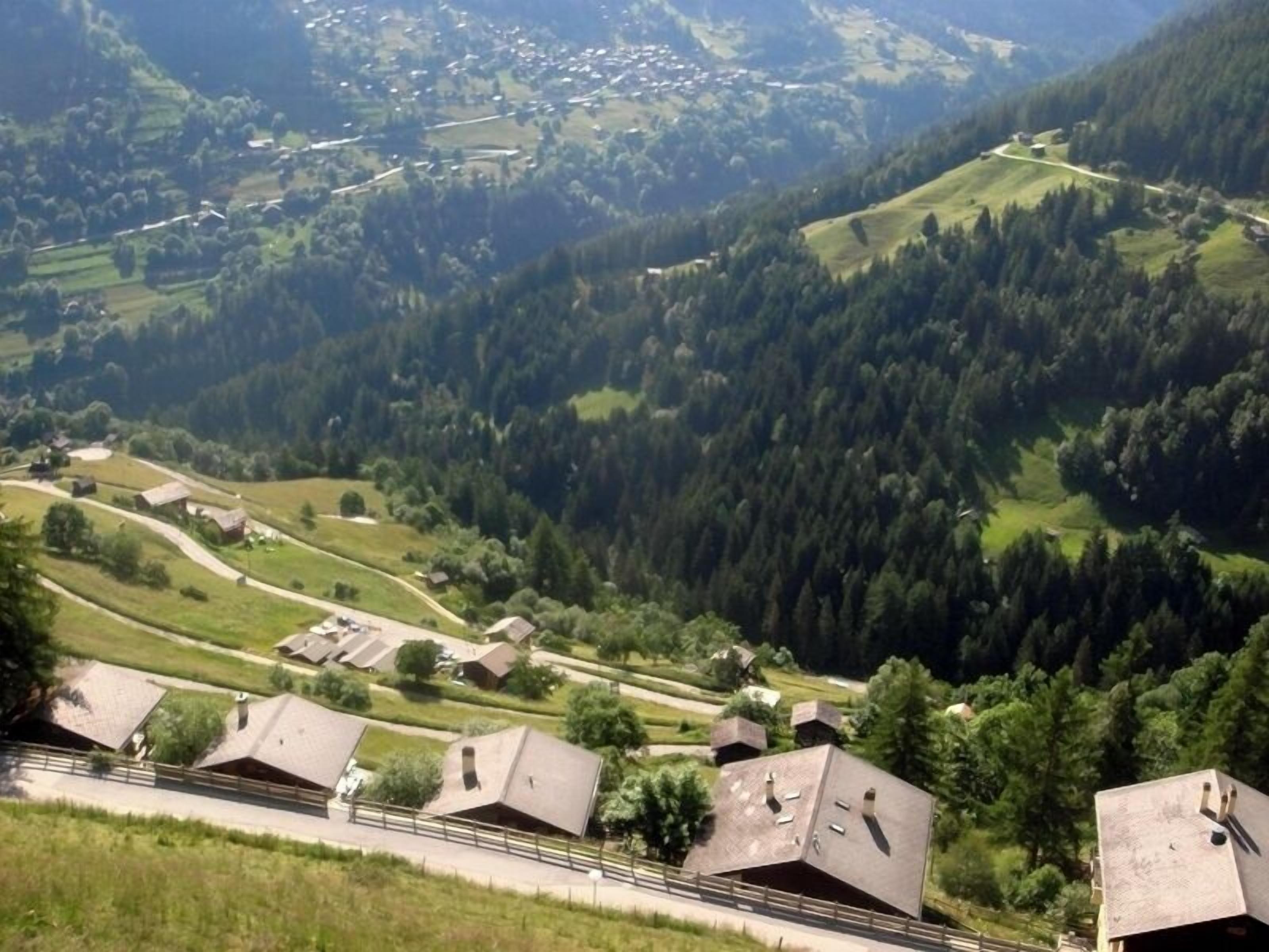 Un paisaje rural con casas en una ladera, rodeado de zonas boscosas.