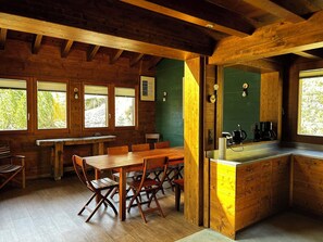 Dining - Very comfortable chalet with sauna for 8-10 persons : Living room with fireplace - kitchen with dish (Grimentz)