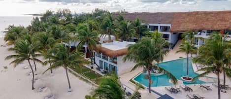 Un complejo turístico con piscina, palmeras y acceso a la playa.