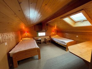 A cozy cabin with three wooden beds, a skylight, and two wall-mounted lamps. - Large chalet close to the slopes for 8 people : Outside : Garage for two cars - Ground floor : 1 bed (Grimentz)