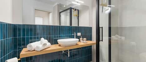 Shower, hair dryer, bidet, towels