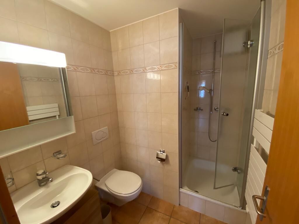 A bathroom with a sink, toilet, and glass-enclosed shower.